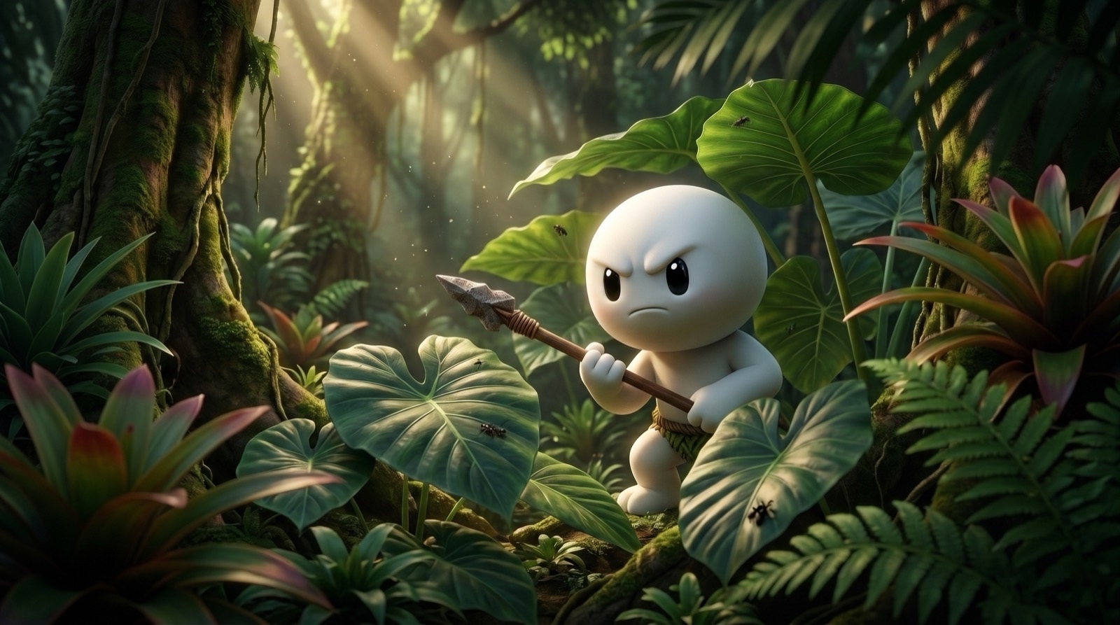 Muji, lance à la main, à l'affût dans une jungle dense